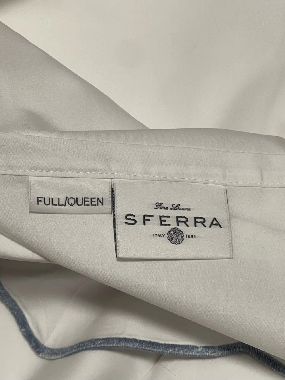 Sferra Limana Full/Queen Flat Sheet Long Staple Cotton Percale 96x114” White/Sea